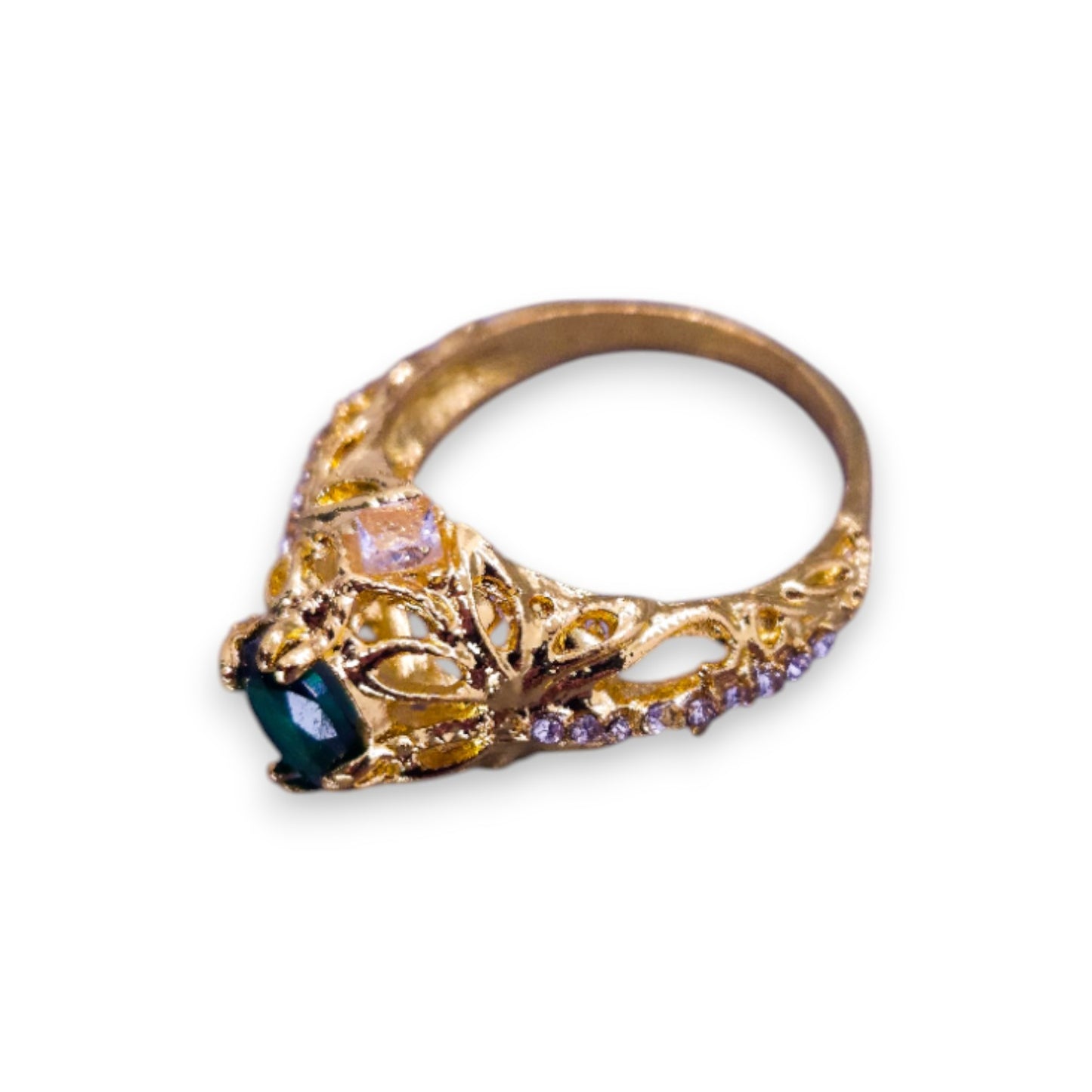 Gold Tone Green & Clear Cubic Zirconia Classic Ring