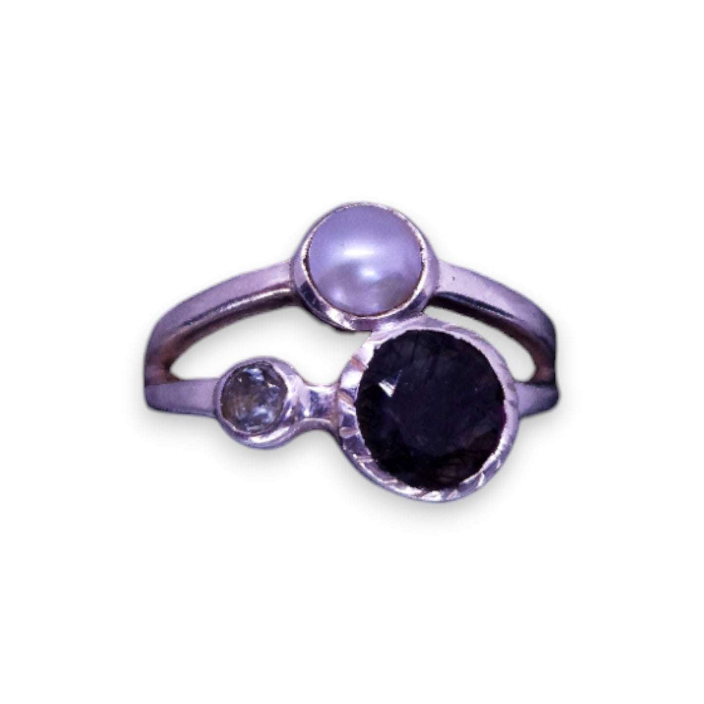 Silver Black & Clear Stones Faux Pearl Classic Ring