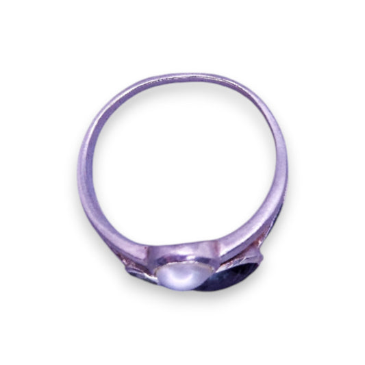 Silver Black & Clear Stones Faux Pearl Classic Ring