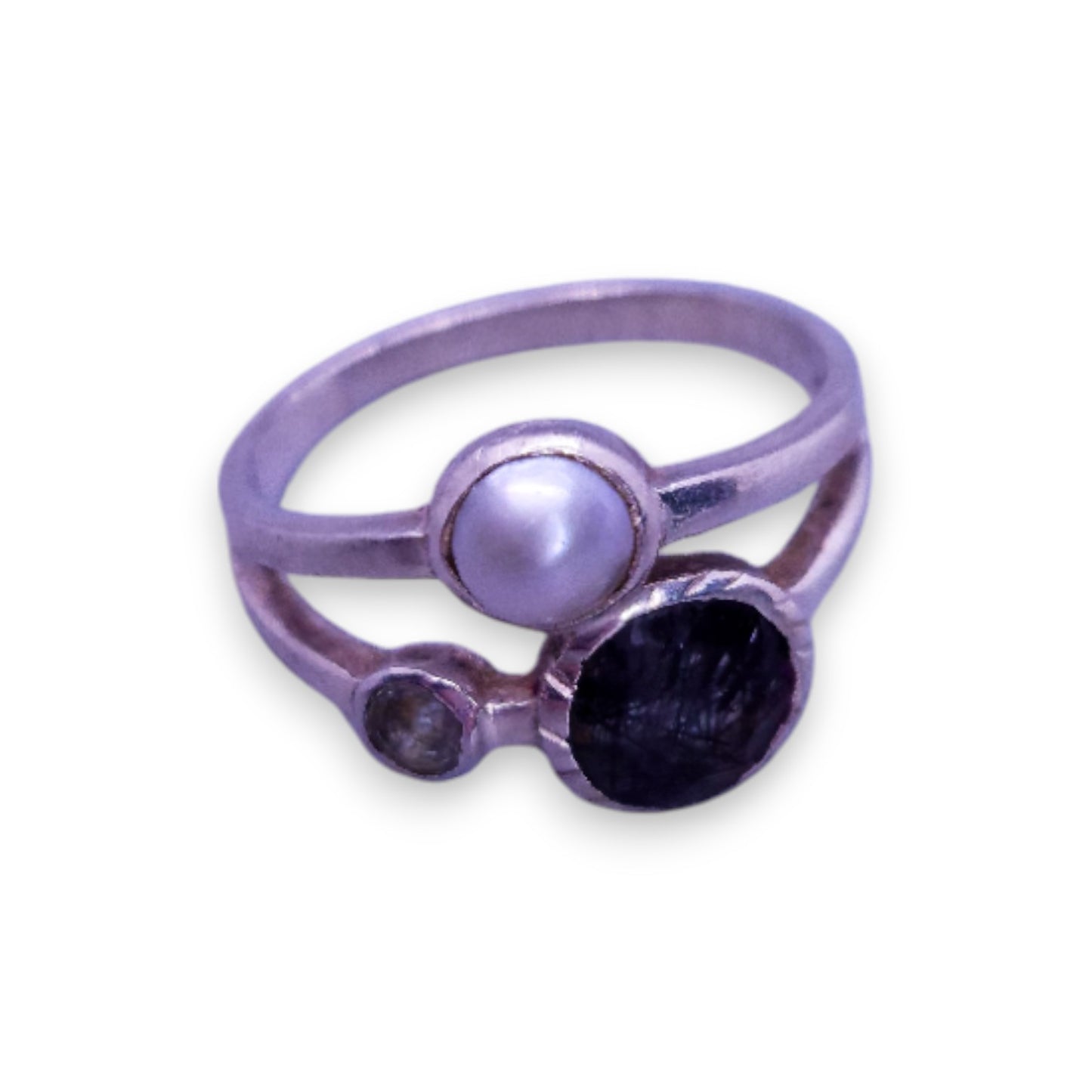 Silver Black & Clear Stones Faux Pearl Classic Ring