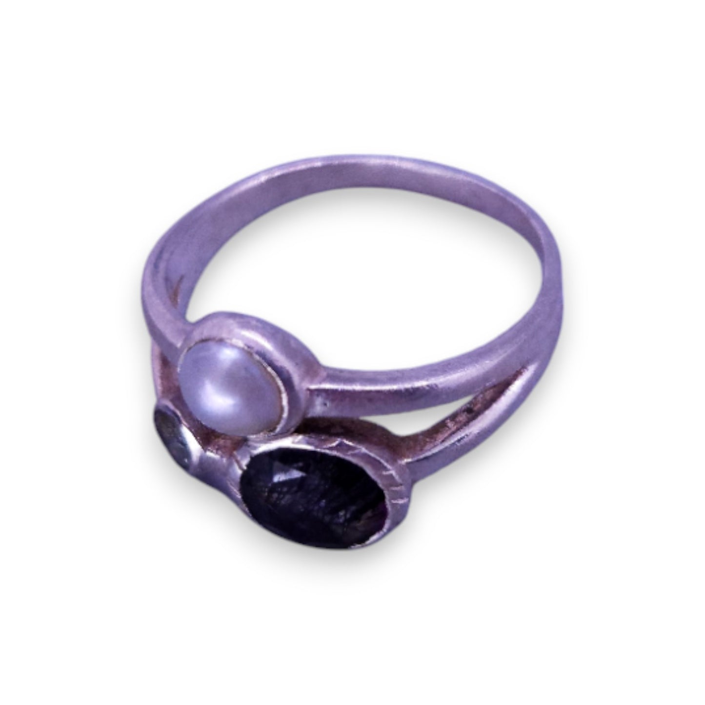 Silver Black & Clear Stones Faux Pearl Classic Ring