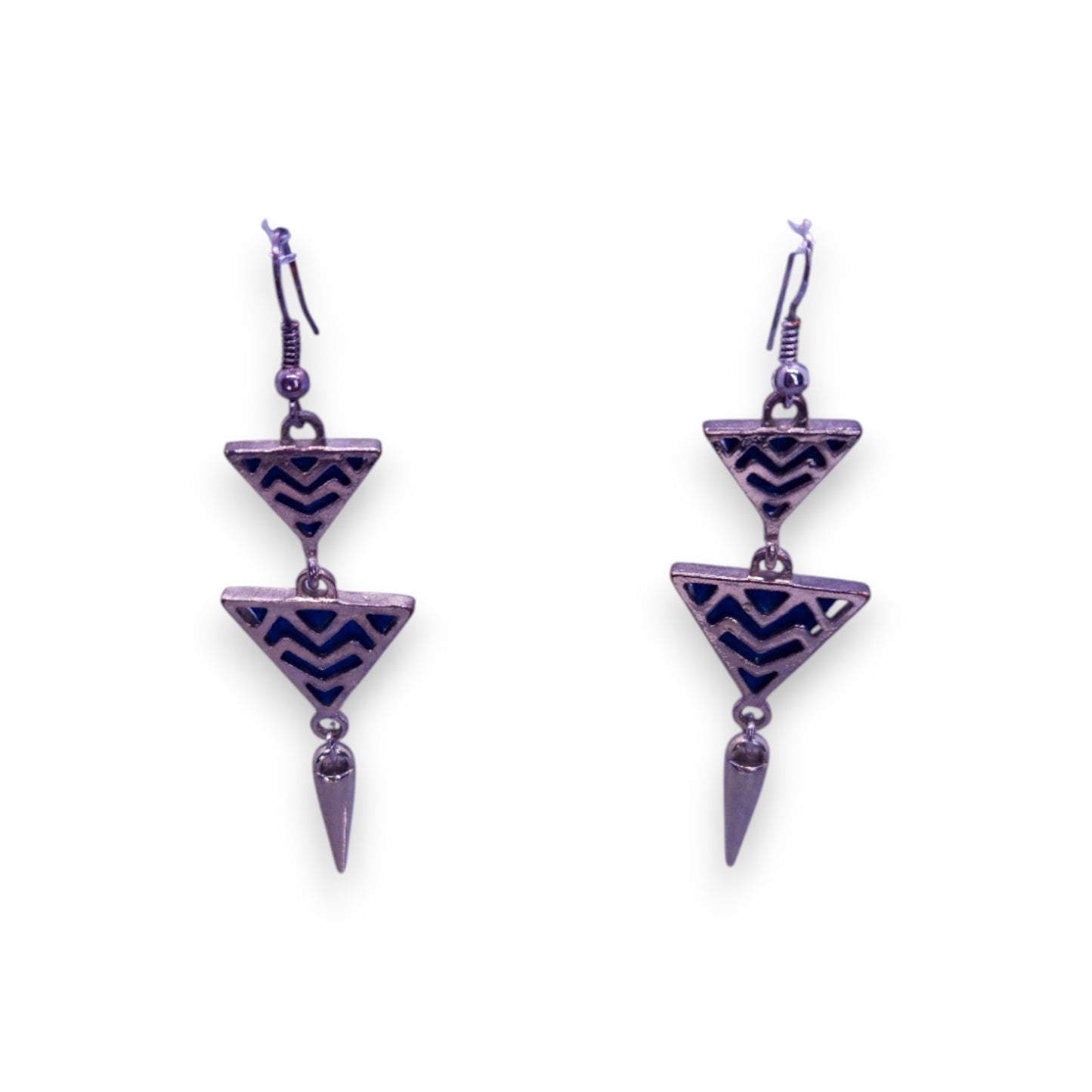 Silver Tone Leather Art Deco Earrings