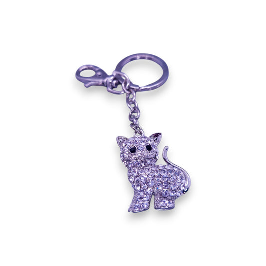 Silver Tone Clear Cubic Zirconia Nature Inspired Cat Keyring