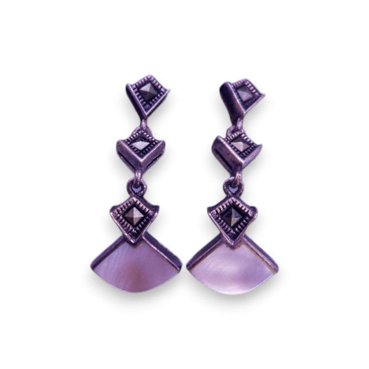 Silver Tone Mother of Pearl Marcasite Art Deco Earrings