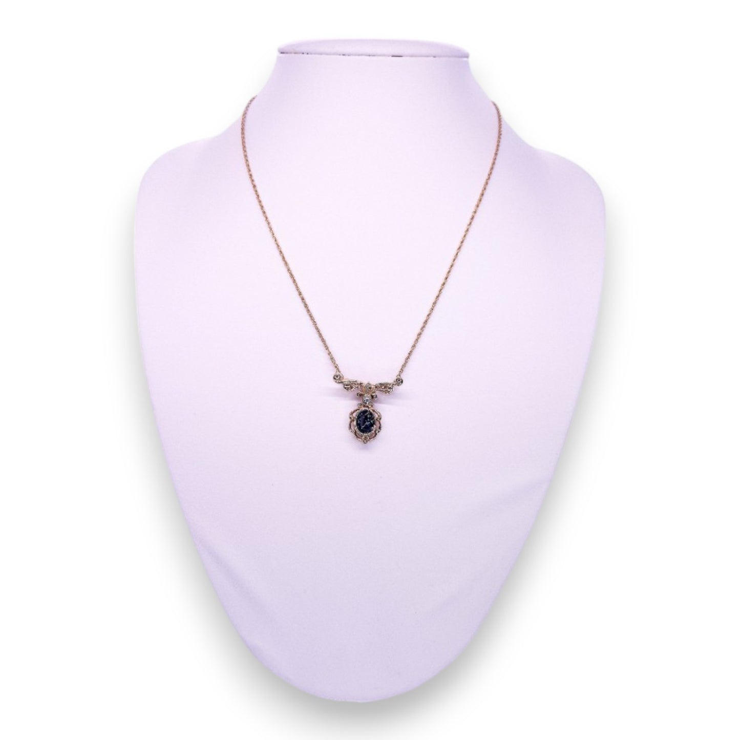 Gold Tone Blue & Clear Stones Vintage Necklace
