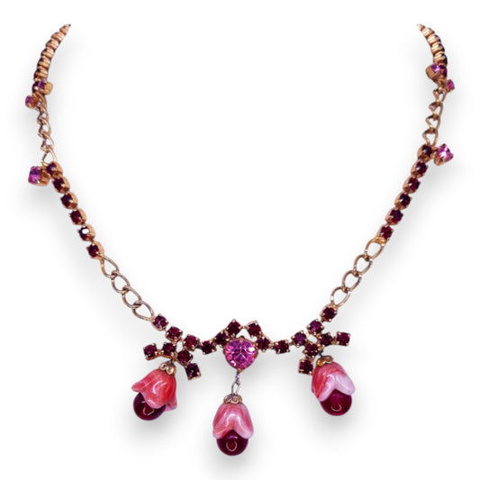 Gold Tone Pink Stones Vintage Necklace