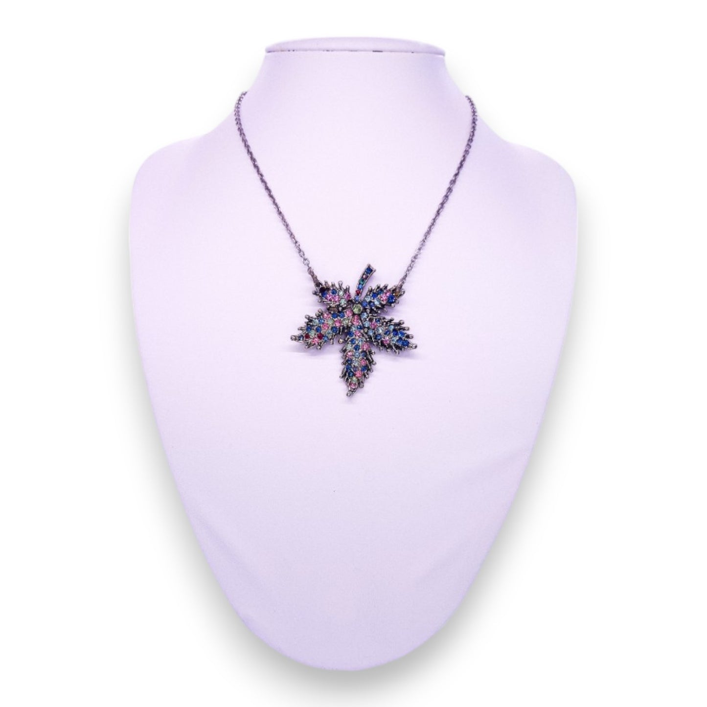 Silver Tone Multi Colour Stones Nature Inspired Leaf Necklace
