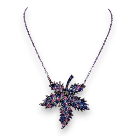 Silver Tone Multi Colour Stones Nature Inspired Leaf Necklace