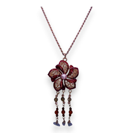 Gold Tone Faux Pearl & Enamelled Nature Inspired Flower Necklace