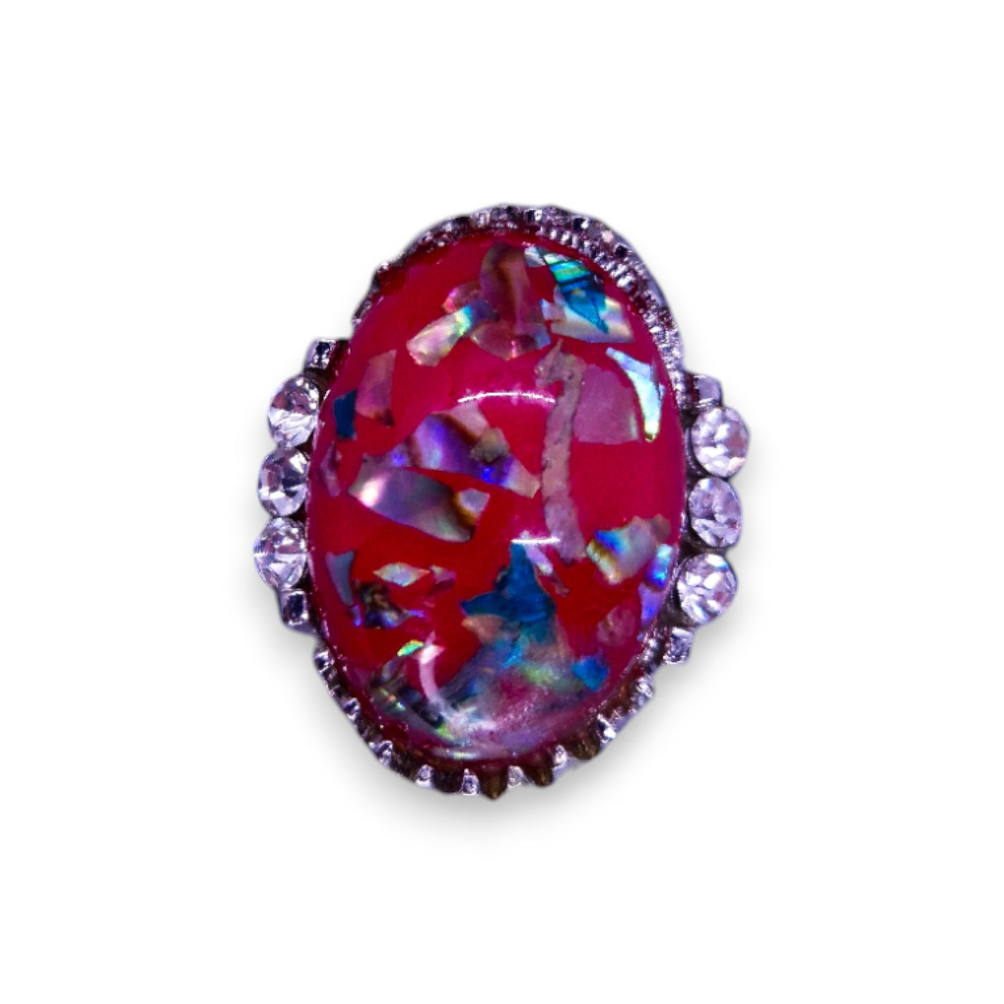 Silver Tone Red Confetti Stone Statement Ring