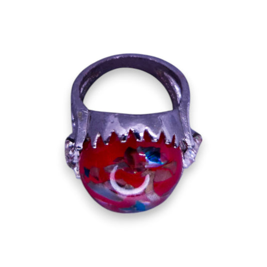 Silver Tone Red Confetti Stone Statement Ring