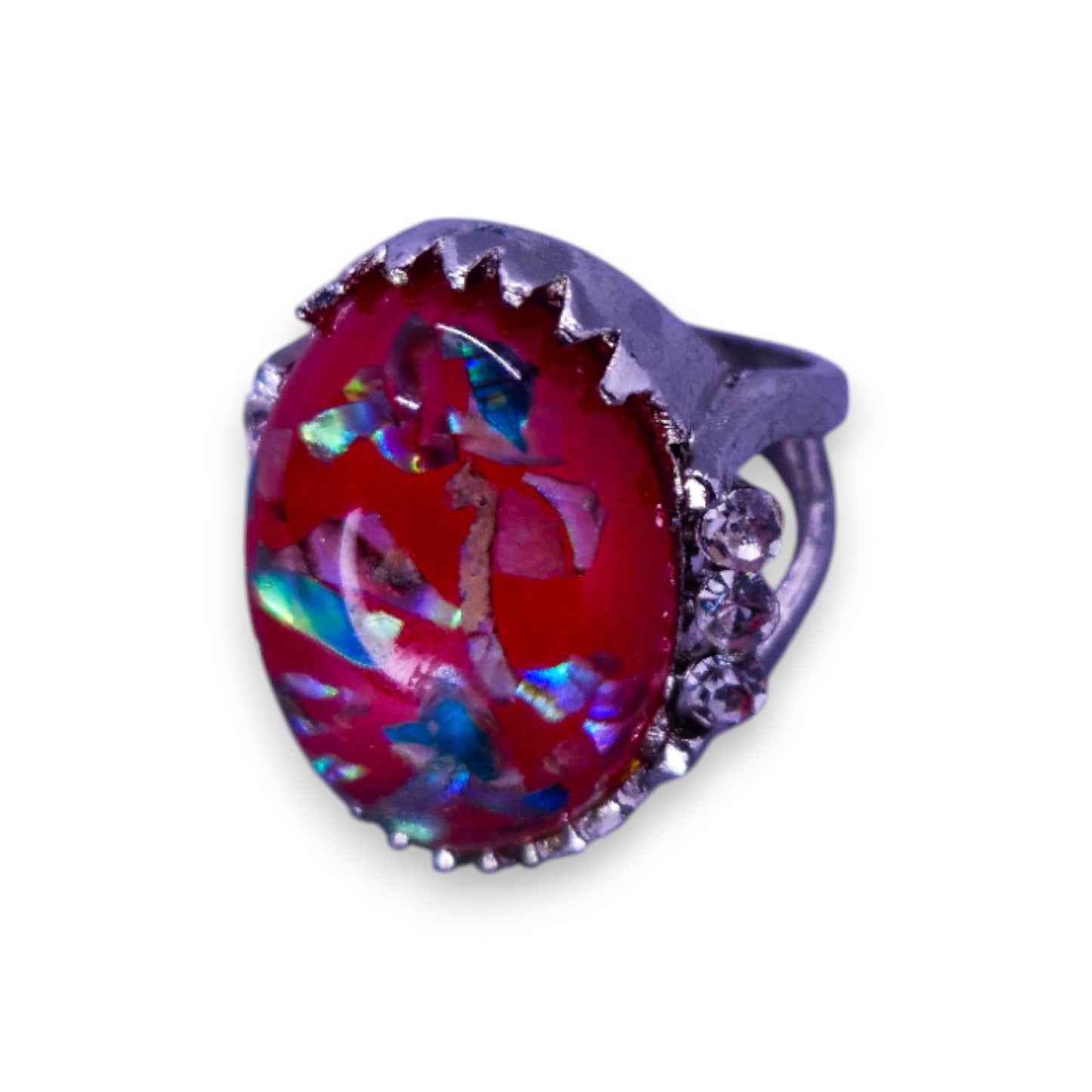 Silver Tone Red Confetti Stone Statement Ring