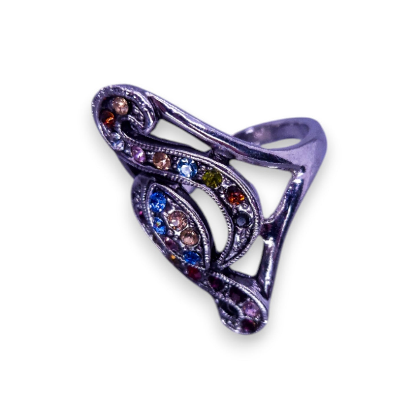 Silver Tone Multi Colour Stones Statement Ring