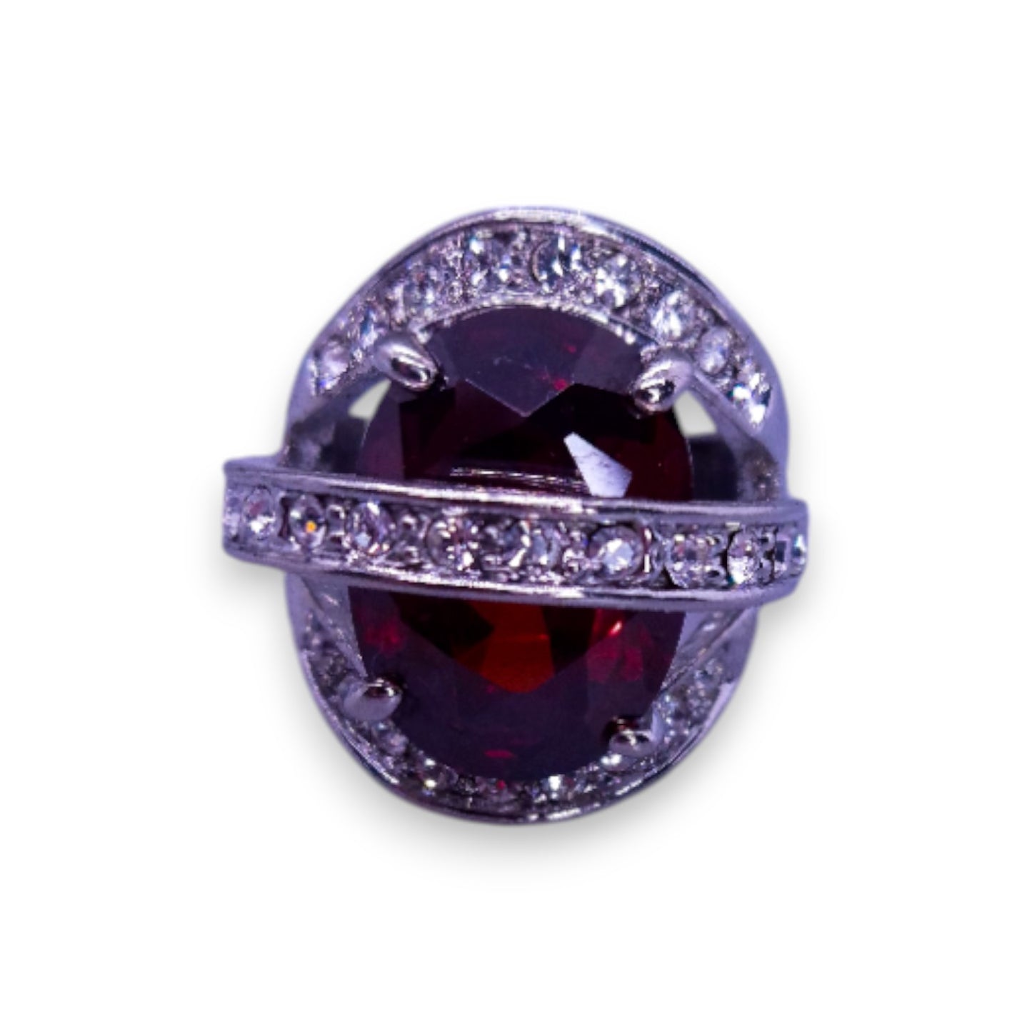 Silver Tone Red & Clear Stones Statement Ring