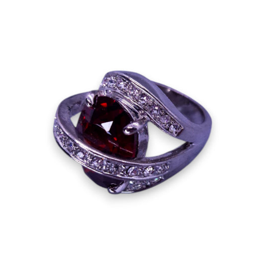 Silver Tone Red & Clear Stones Statement Ring