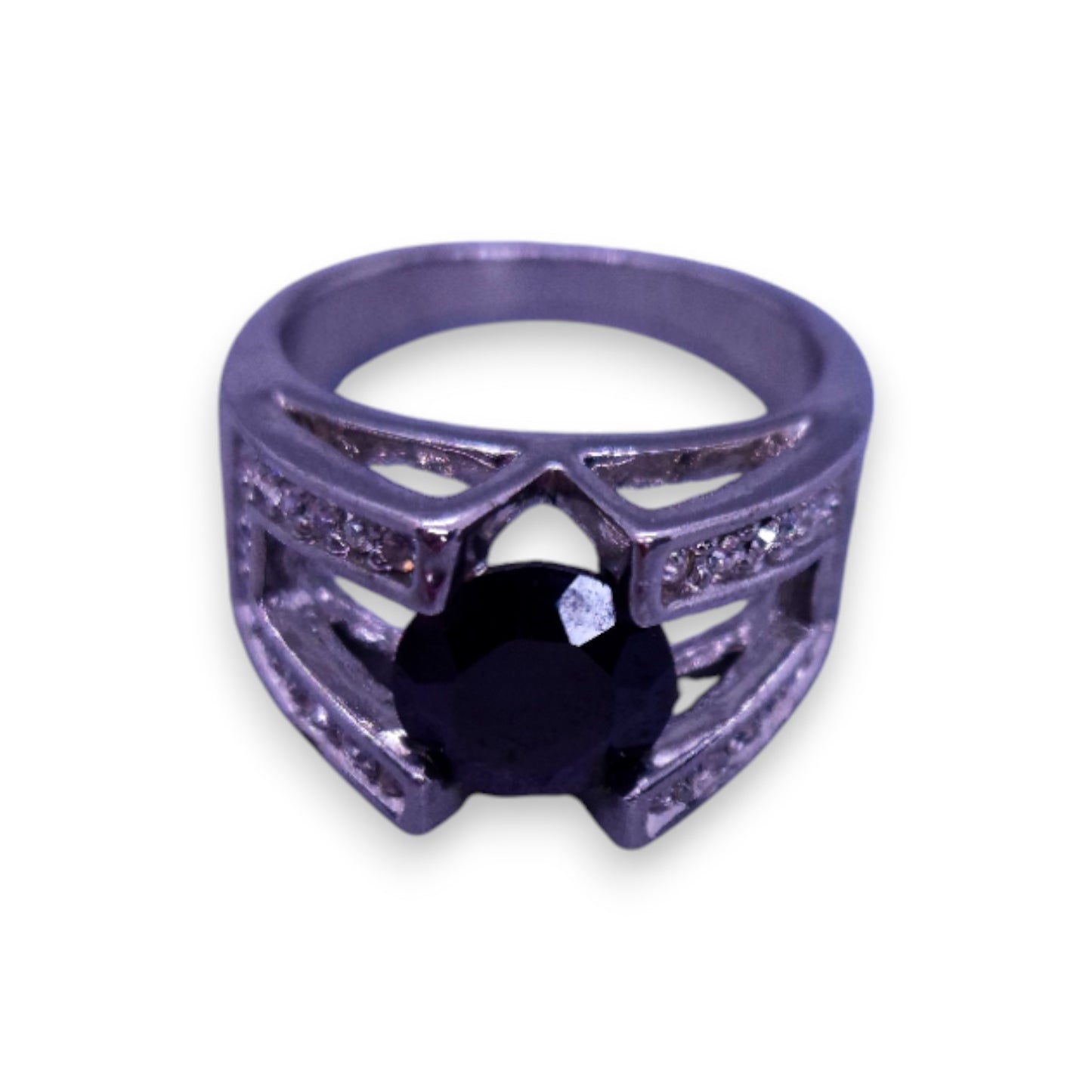 Silver Tone Black & Clear Cubic Zirconia Statement Ring