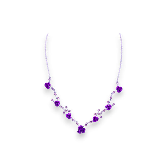 Silver Tone Pink Stones Nature Inspired Rose Necklace & Earrings