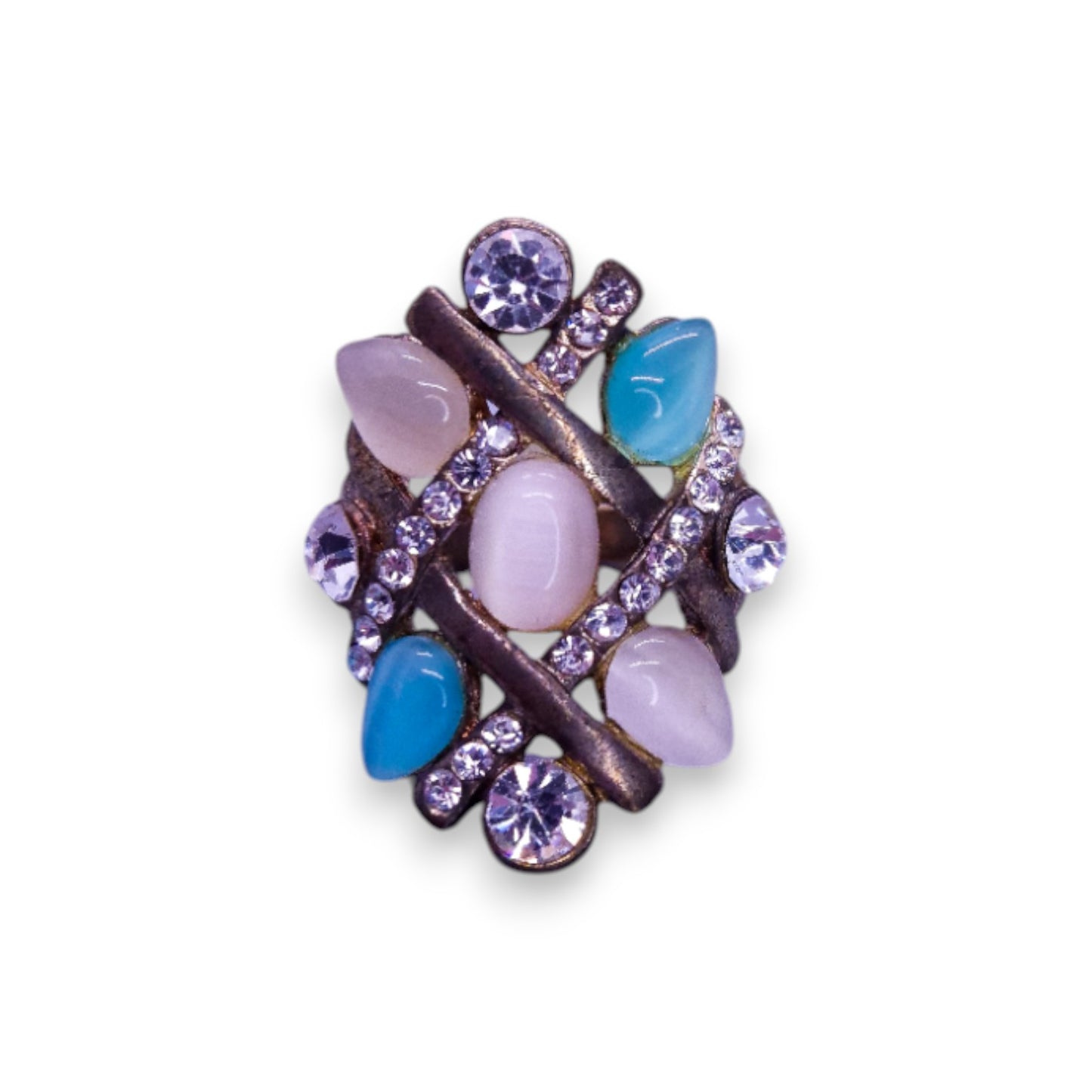 Gold Tone Cloudy, Blue & Clear Cubic Zirconia Statement Ring