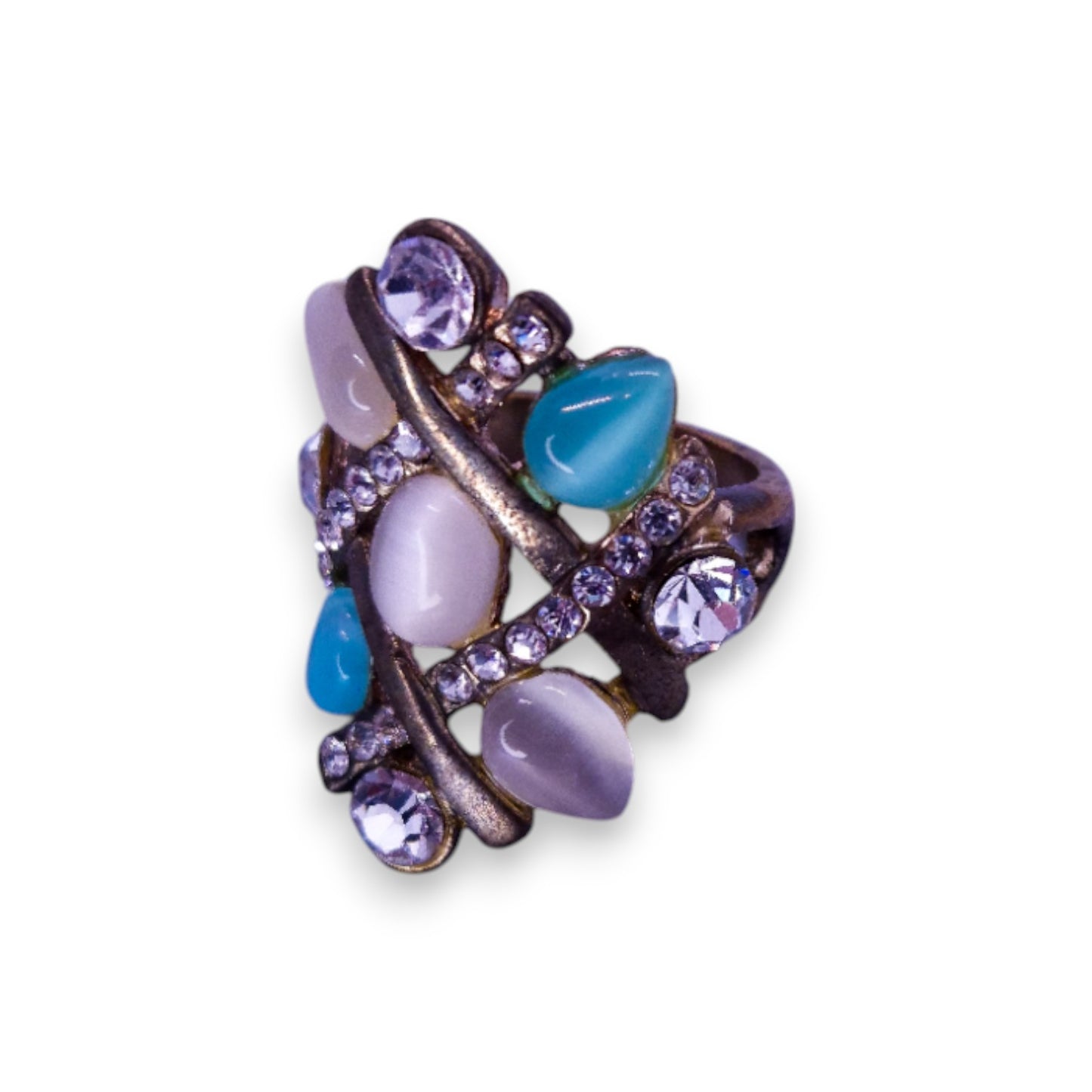 Gold Tone Cloudy, Blue & Clear Cubic Zirconia Statement Ring