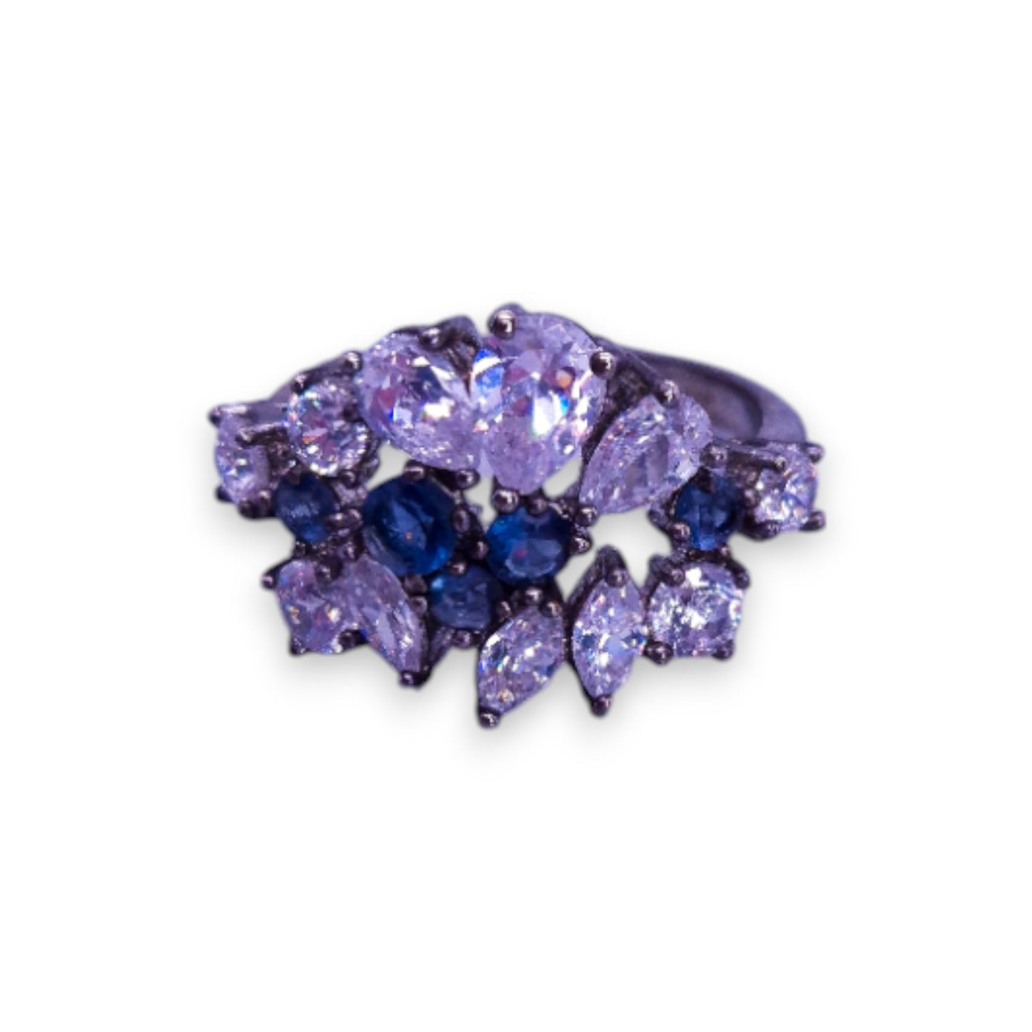 Silver Tone Blue & Clear Cubic Zirconia Statement Ring