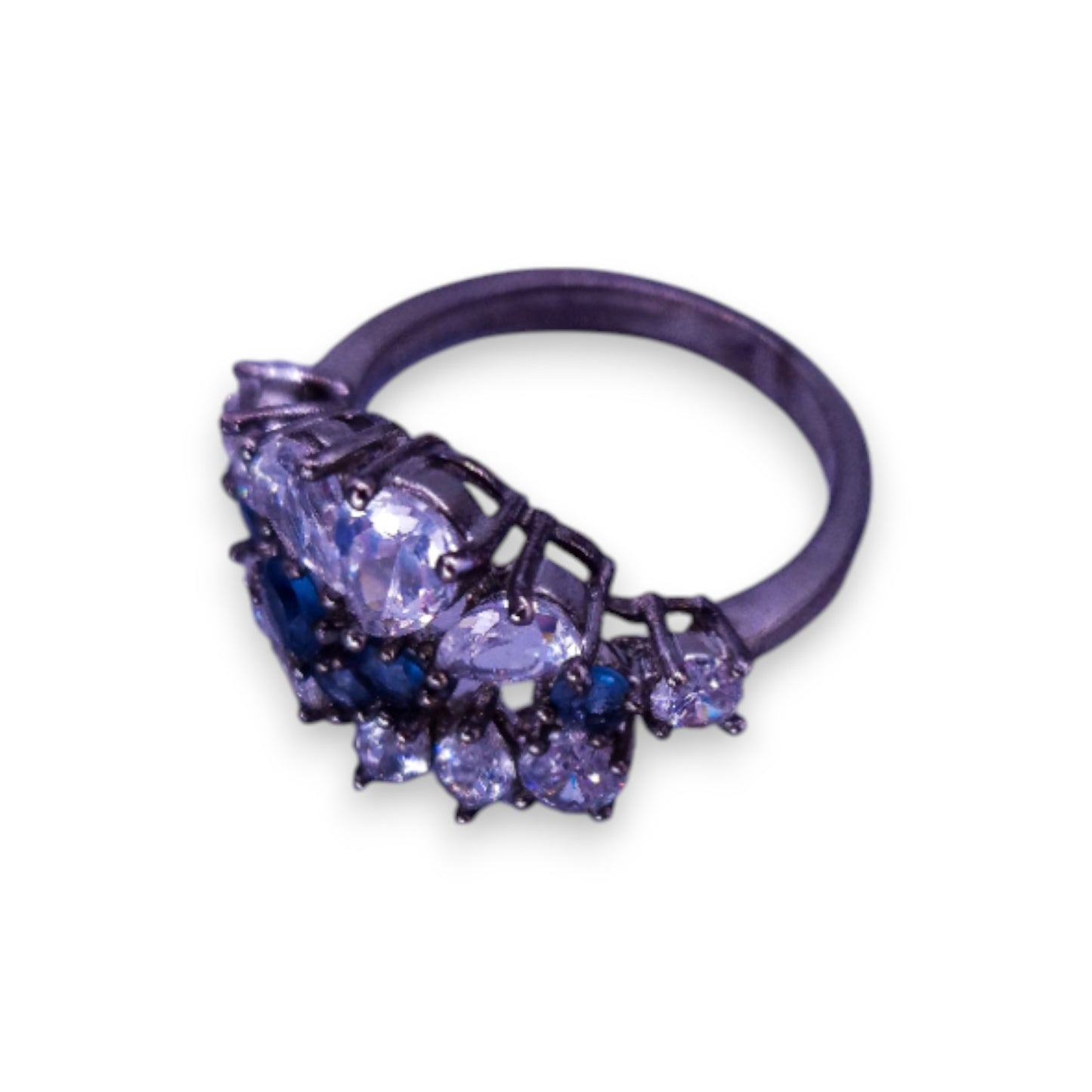 Silver Tone Blue & Clear Cubic Zirconia Statement Ring