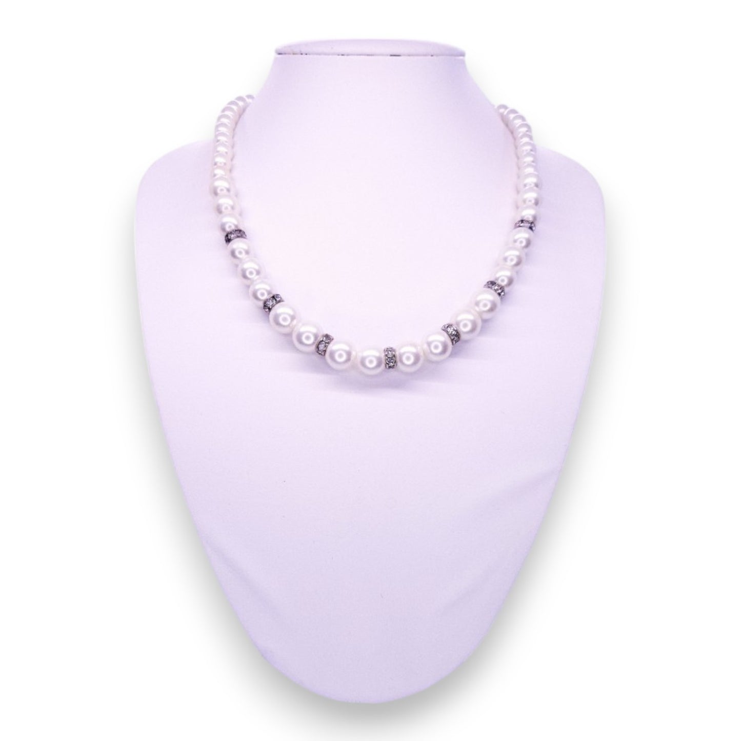 Silver Tone with Faux Pearls & Clear Stones Classic Necklace