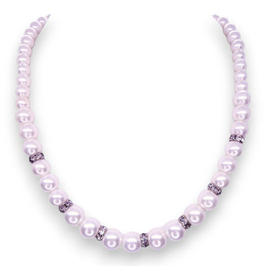 Silver Tone with Faux Pearls & Clear Stones Classic Necklace