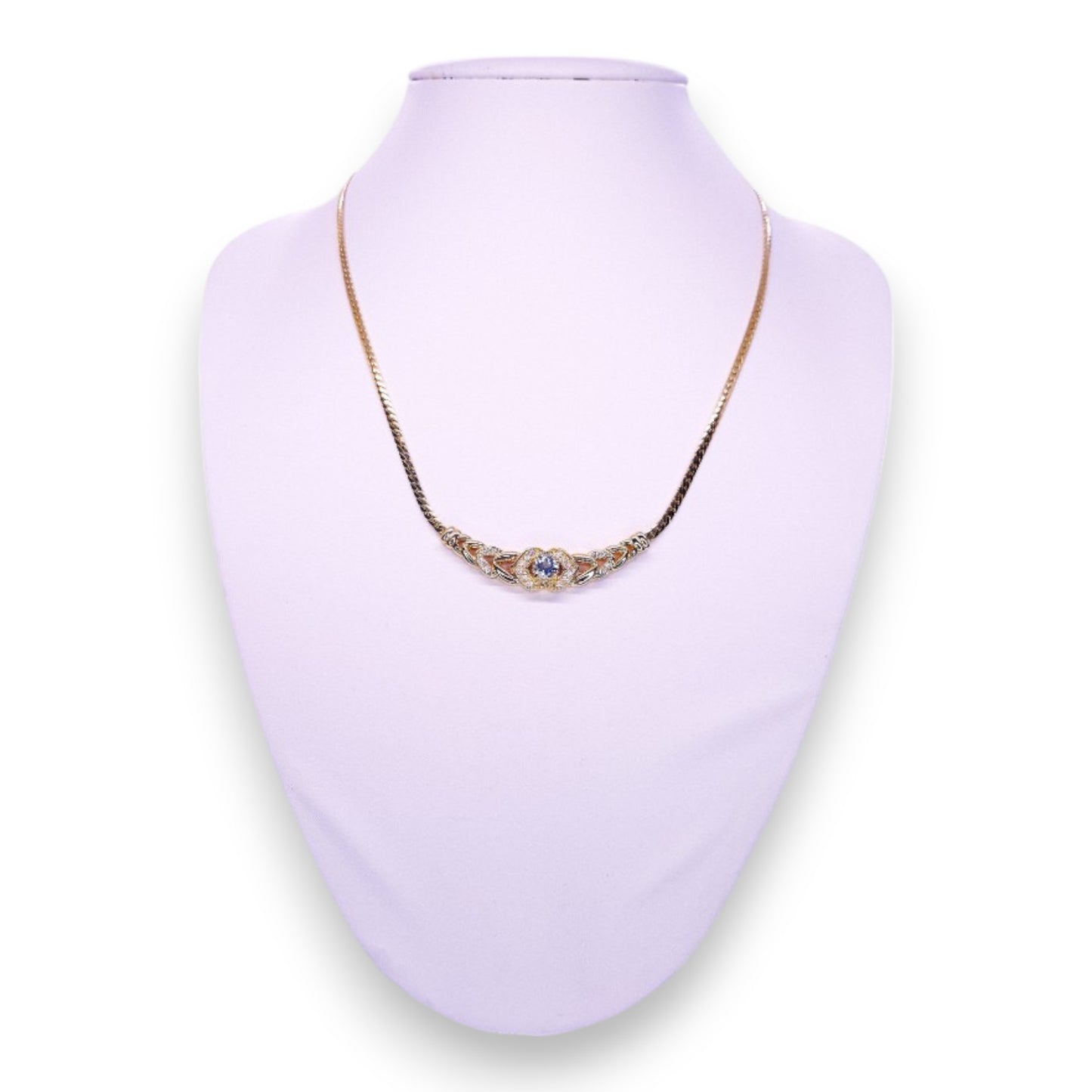 Gold Tone Blue & Clear Cubic Zirconia Classic Necklace