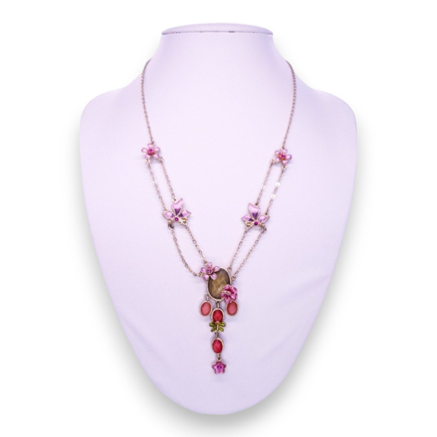 Silver Tone Clear & Pink Stones Nature Inspired Necklace