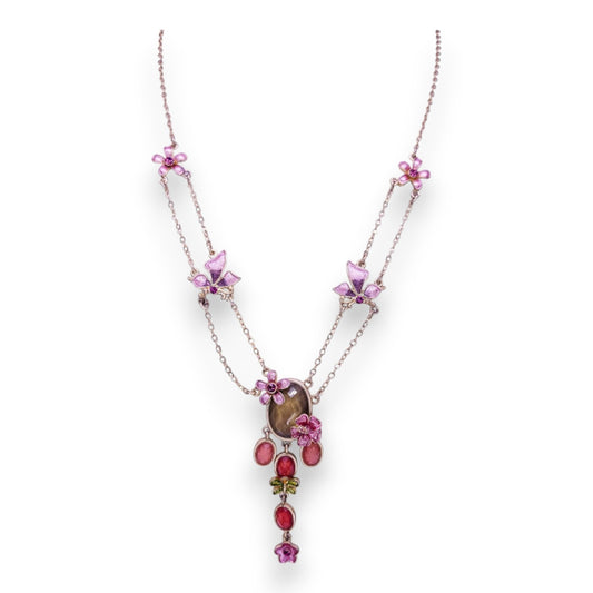 Silver Tone Clear & Pink Stones Nature Inspired Necklace