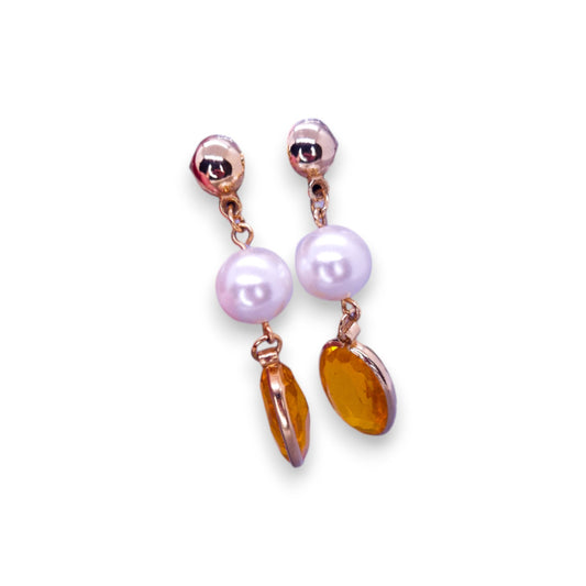 Gold Tone Pearl & Orange Cubic Zirconia Classic Earrings