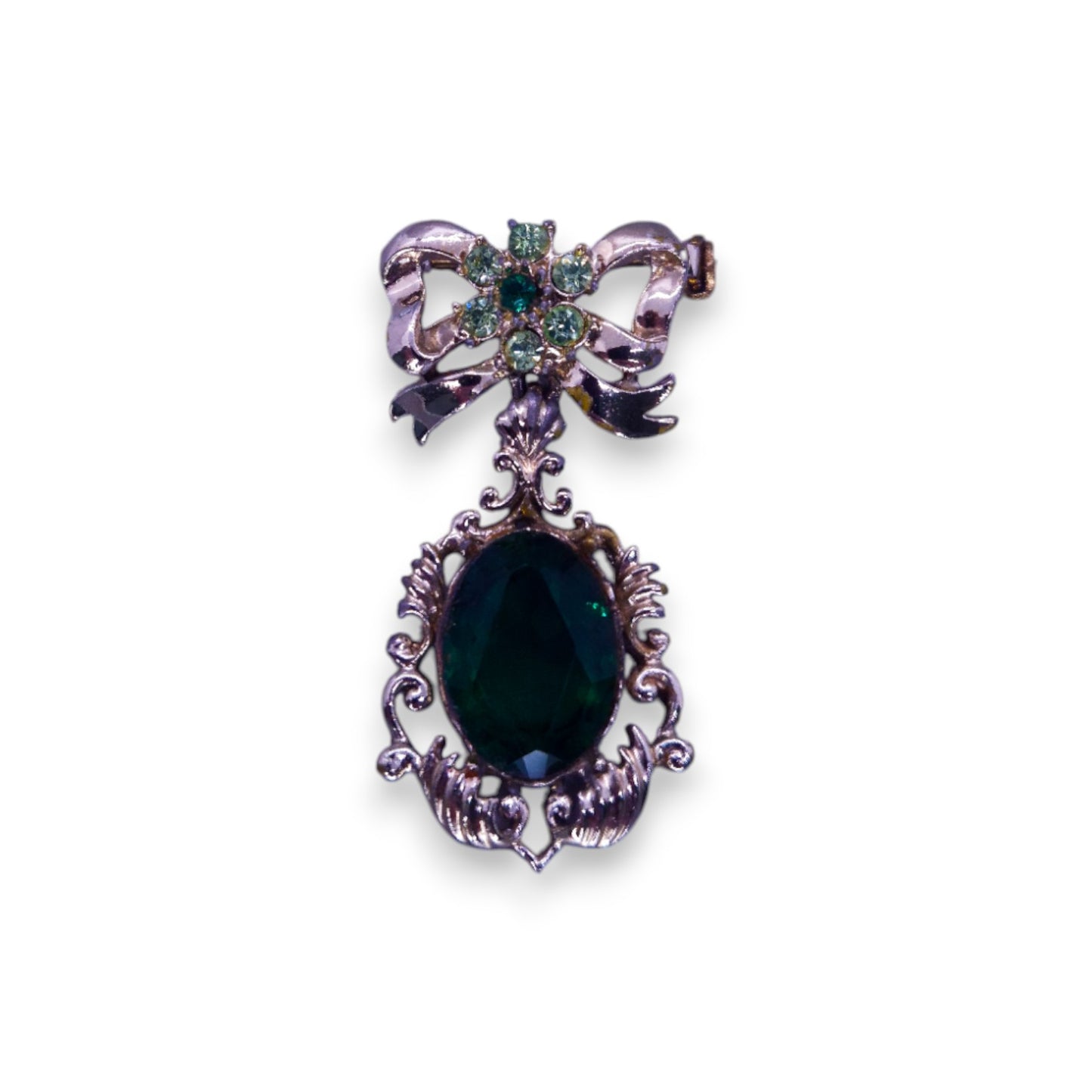 Silver Tone Green Stones Romantic Brooch