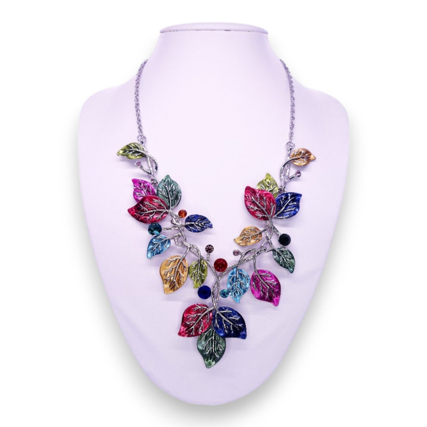 Silver Tone Enamelled Nature Inspired Leaves Necklace