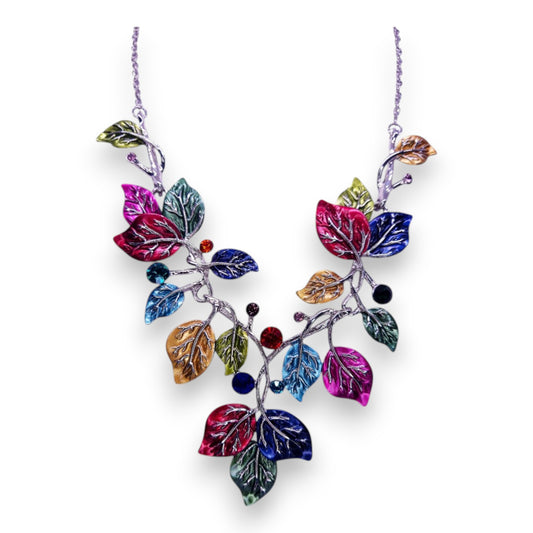 Silver Tone Enamelled Nature Inspired Leaves Necklace