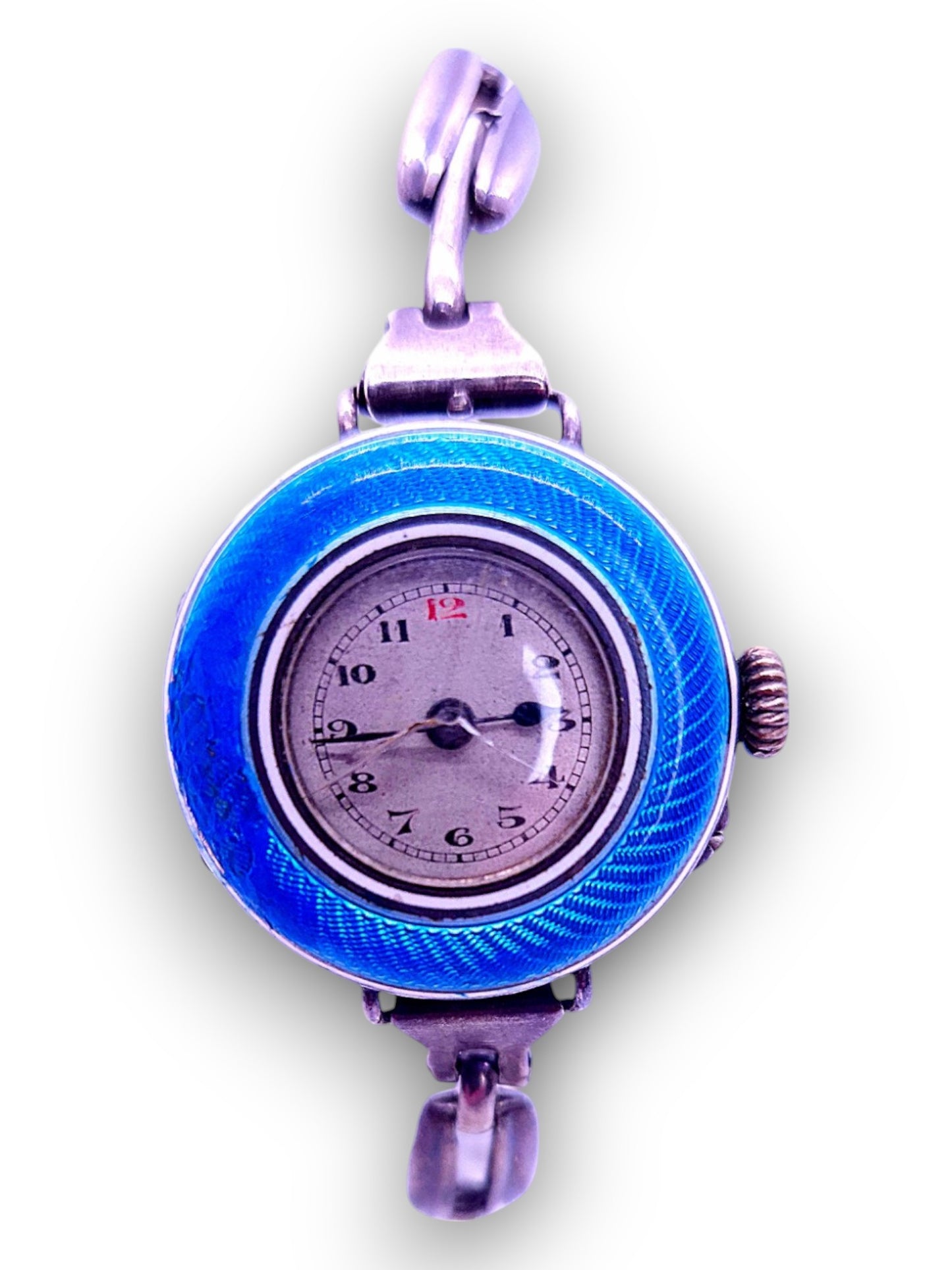 Reloj antiguo para mujer con guilloché en plata 925 y esmalte