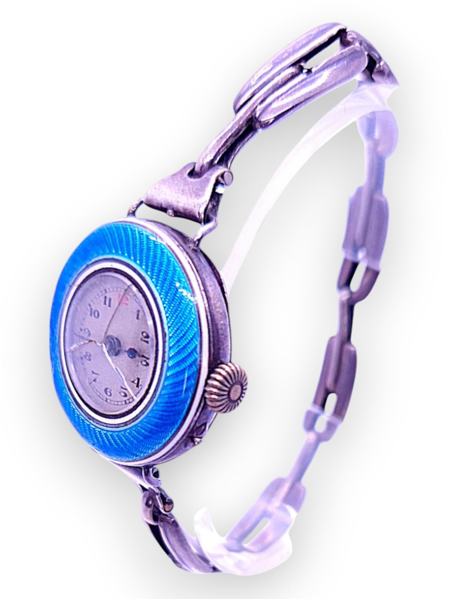 Reloj antiguo para mujer con guilloché en plata 925 y esmalte