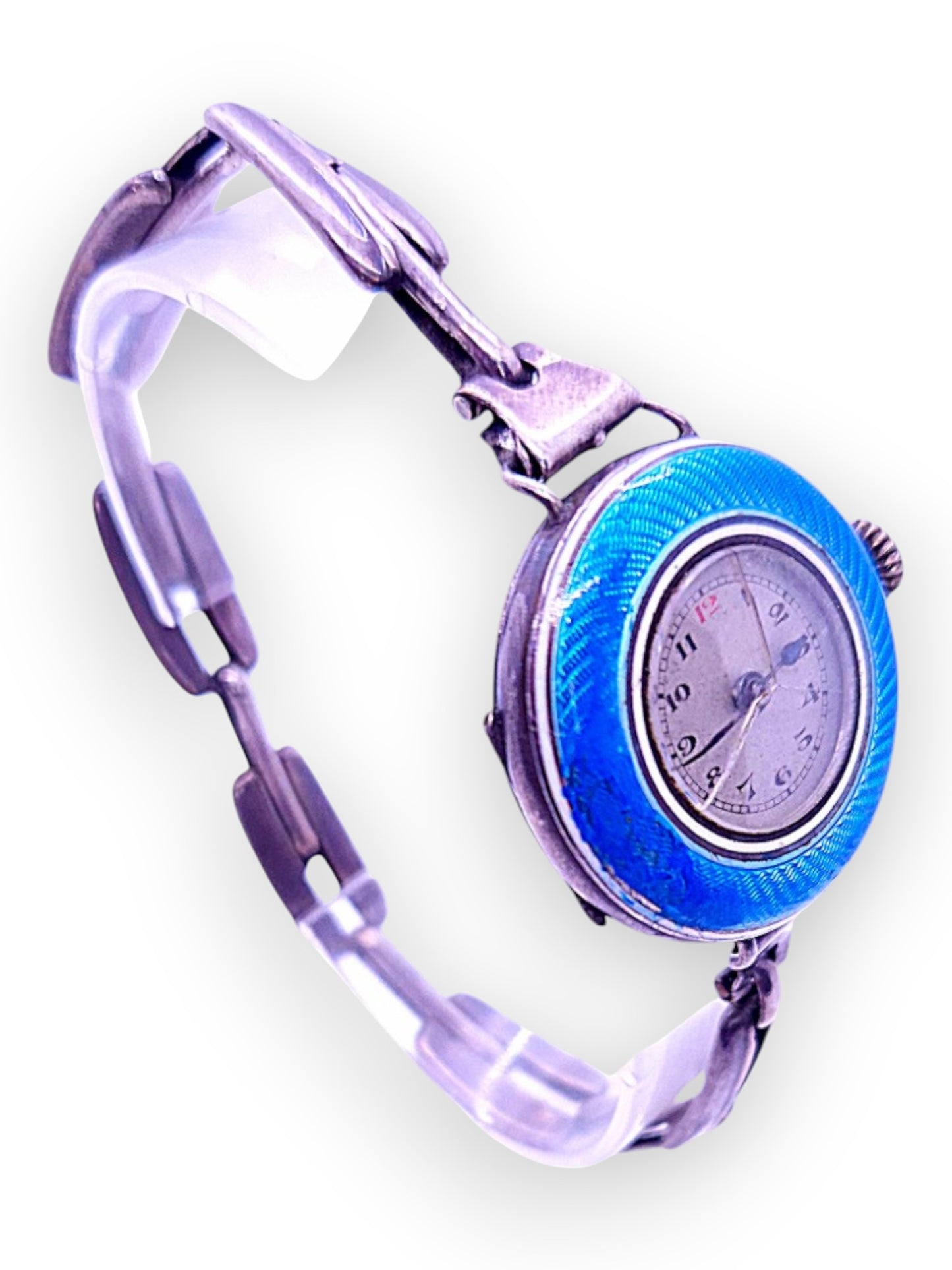 Reloj antiguo para mujer con guilloché en plata 925 y esmalte