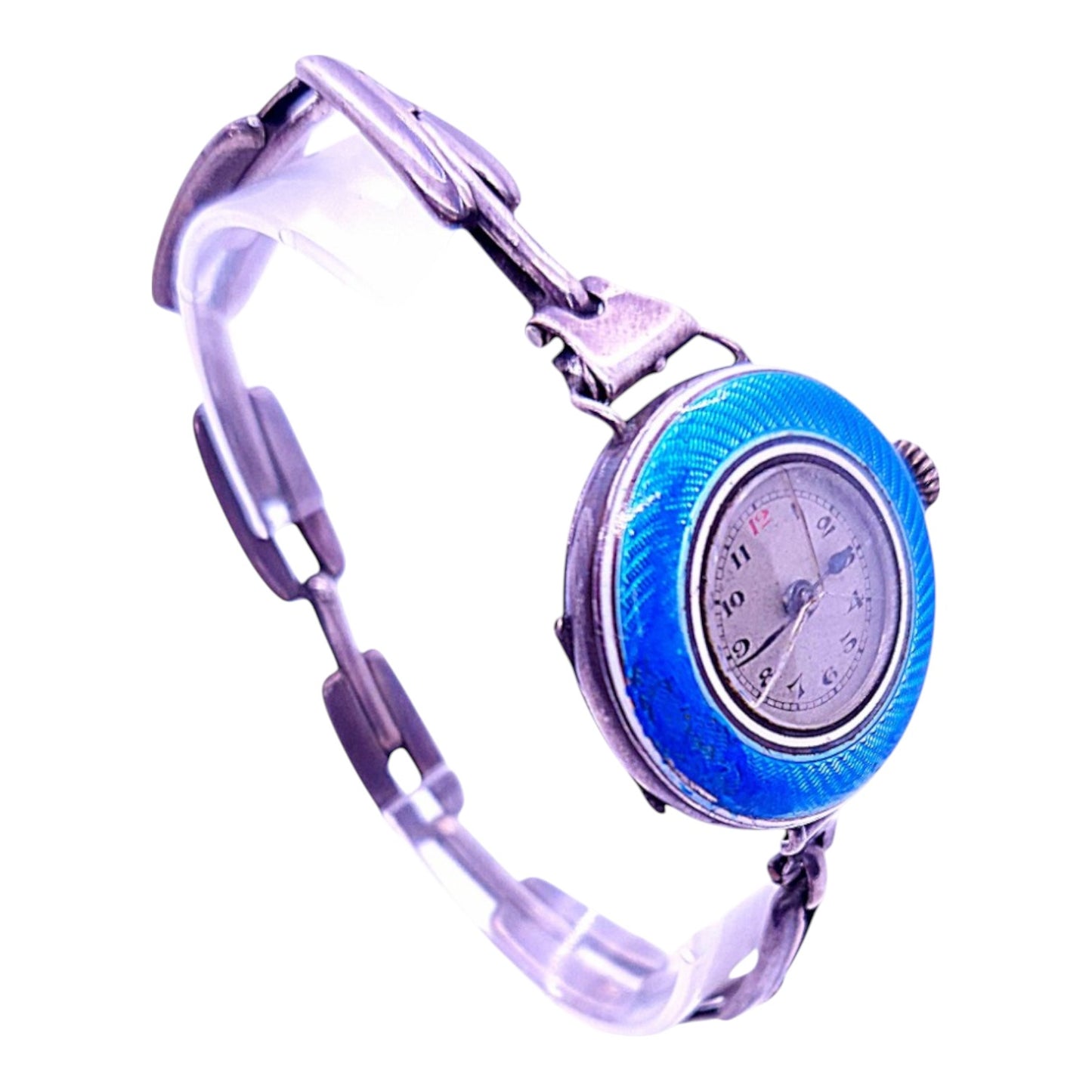 Reloj antiguo para mujer con guilloché en plata 925 y esmalte