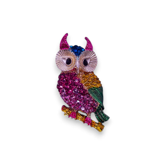 Gold Tone Pink & Blue Cubic Zirconia Nature Inspired Owl Brooch