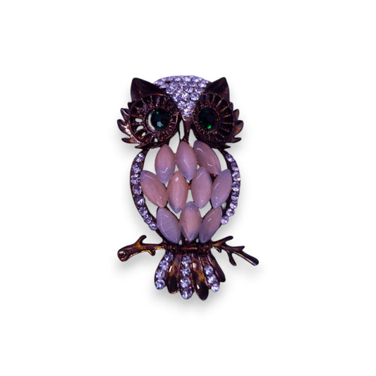 Rose Gold Tone Clear, Green, & Cloudy Stones Nature Inspired Owl Brooch