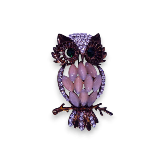 Rose Gold Tone Clear, Green, & Cloudy Stones Nature Inspired Owl Brooch