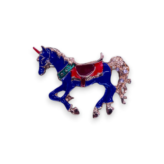 Gold Tone Cubic Zirconia Enamelled Nature Inspired Unicorn Brooch
