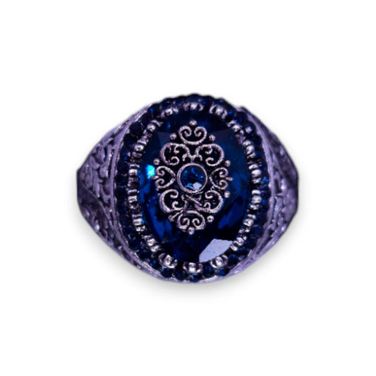 Silver Tone Blue & Black Stones Vintage Ring