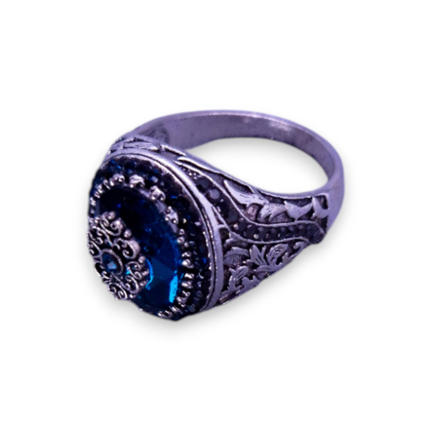 Silver Tone Blue & Black Stones Vintage Ring
