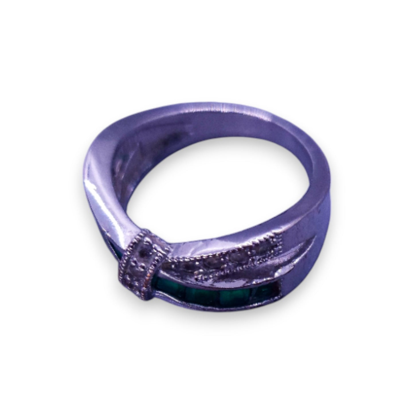 Silver Tone Green & Clear Cubic Zirconia Modern Ring