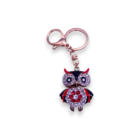 Rose Gold Tone Red & Clear Cubic Zirconia Nature Inspired Owl Keyring
