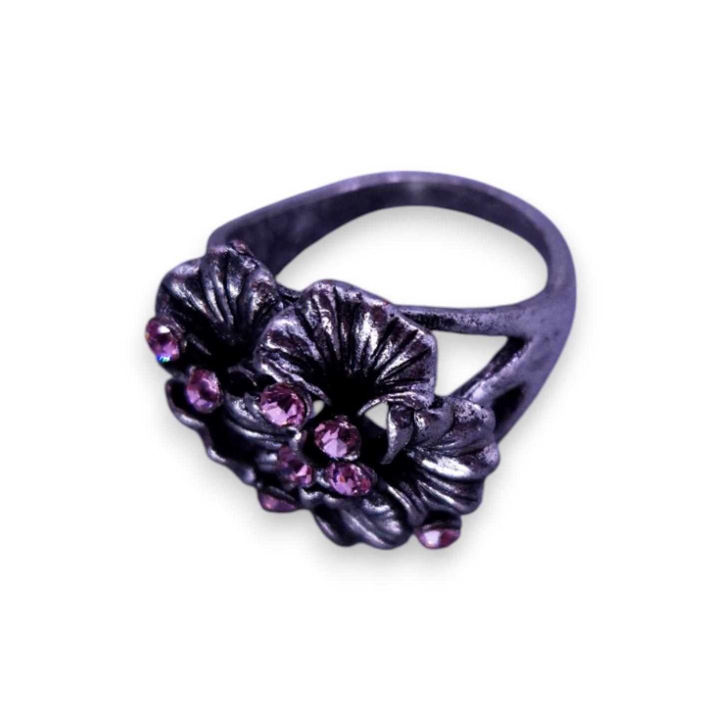 Silver Tone Pink Stones Nature Inspired Floral Ring