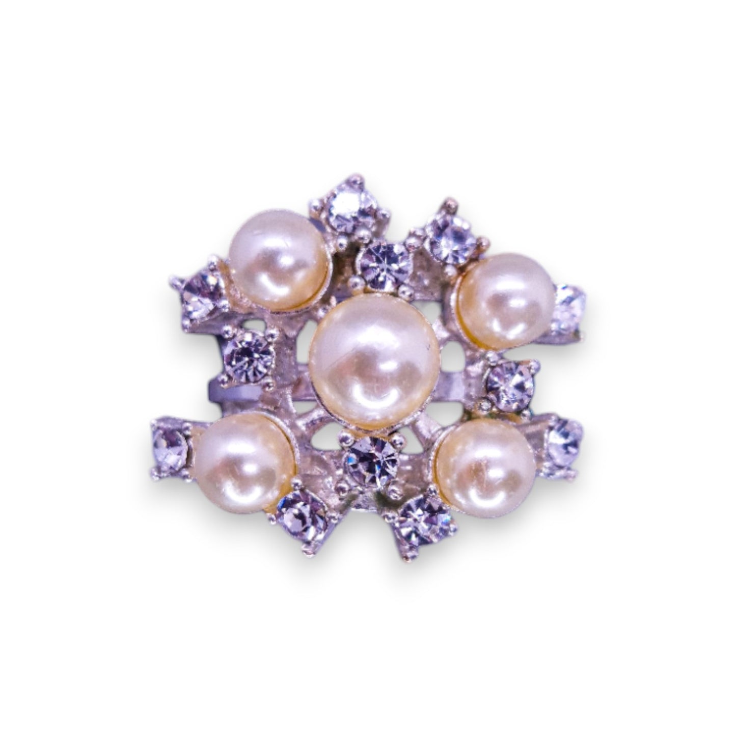 Silver Tone Faux Pearls & Clear Stones Classic Ring