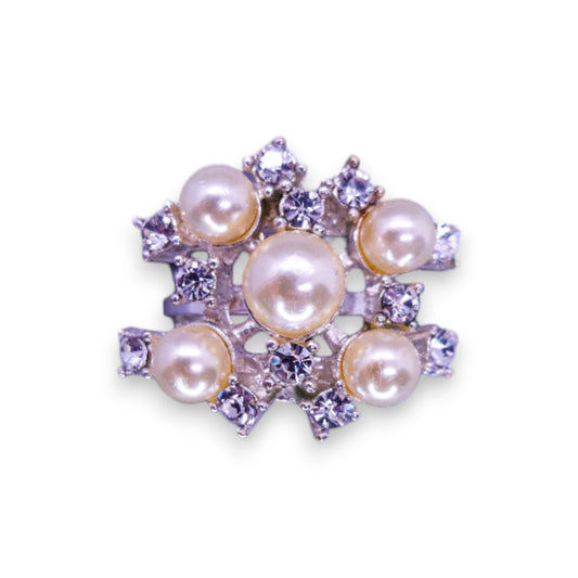 Silver Tone Faux Pearls & Clear Stones Classic Ring