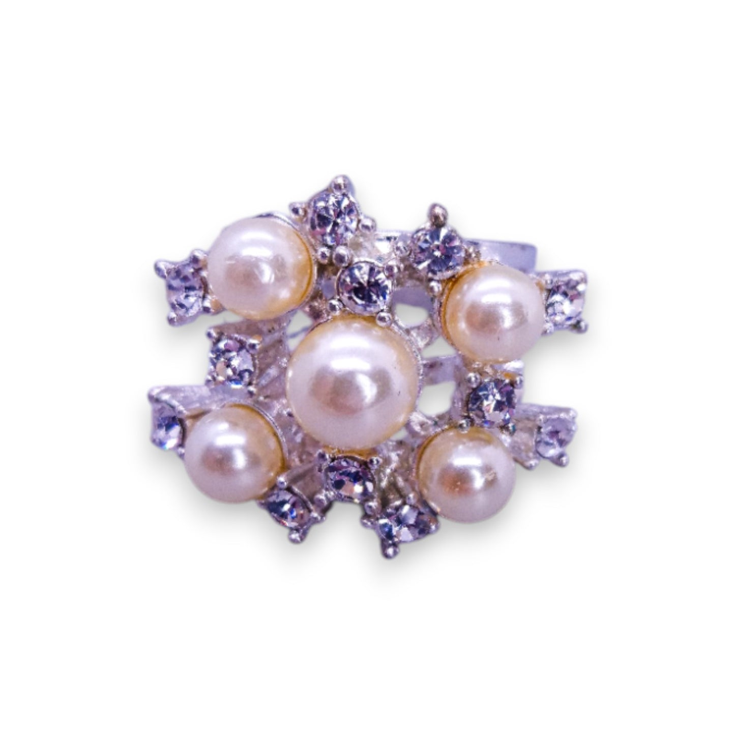 Silver Tone Faux Pearls & Clear Stones Classic Ring